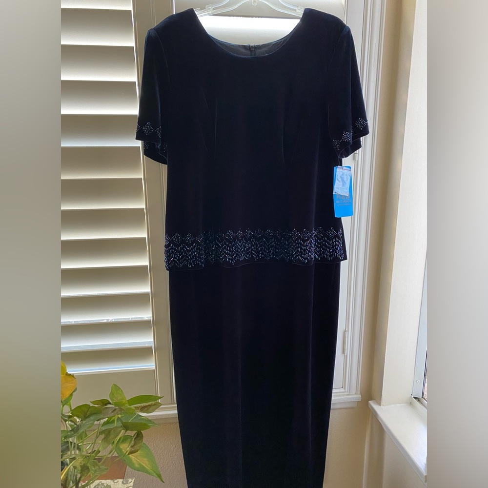 R&M Richards Embellished Navy Blue Long Velvet Dress, Size 16